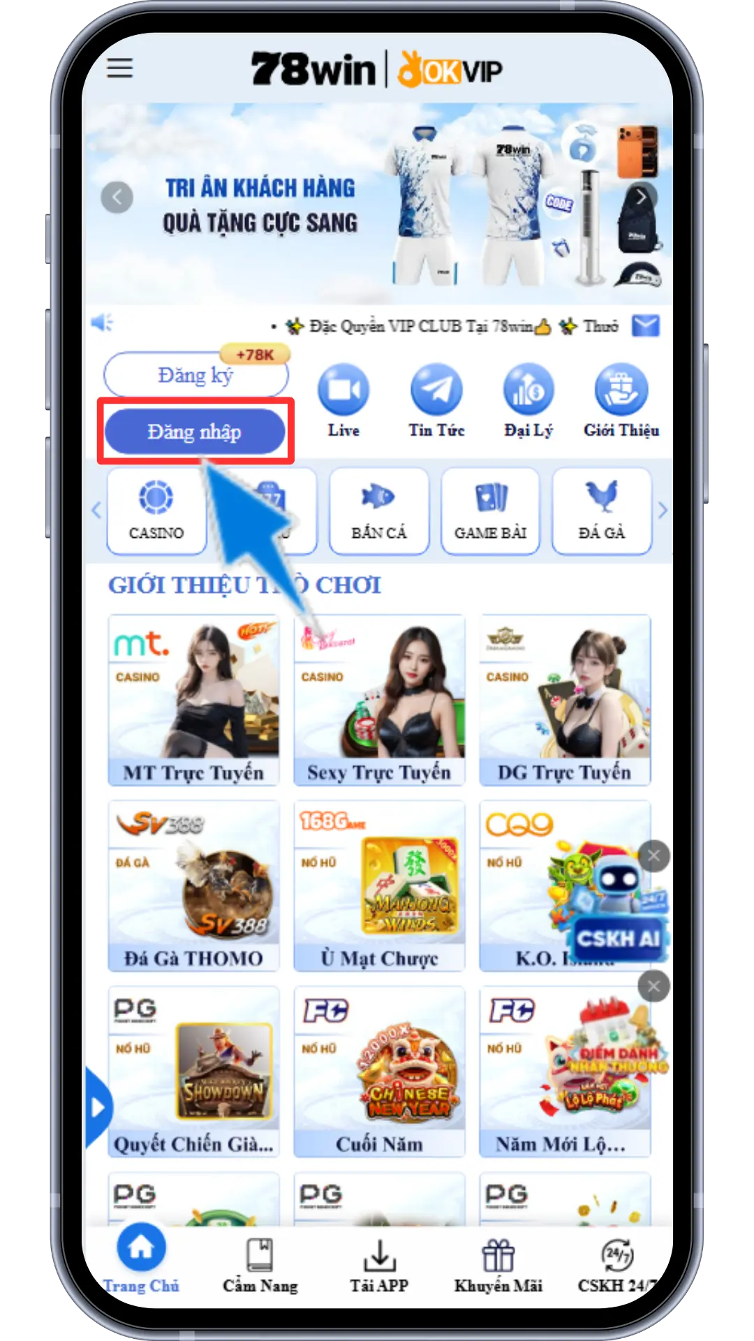 Bước 1: Ở mục trang chủ chọn "Đăng nhập"
